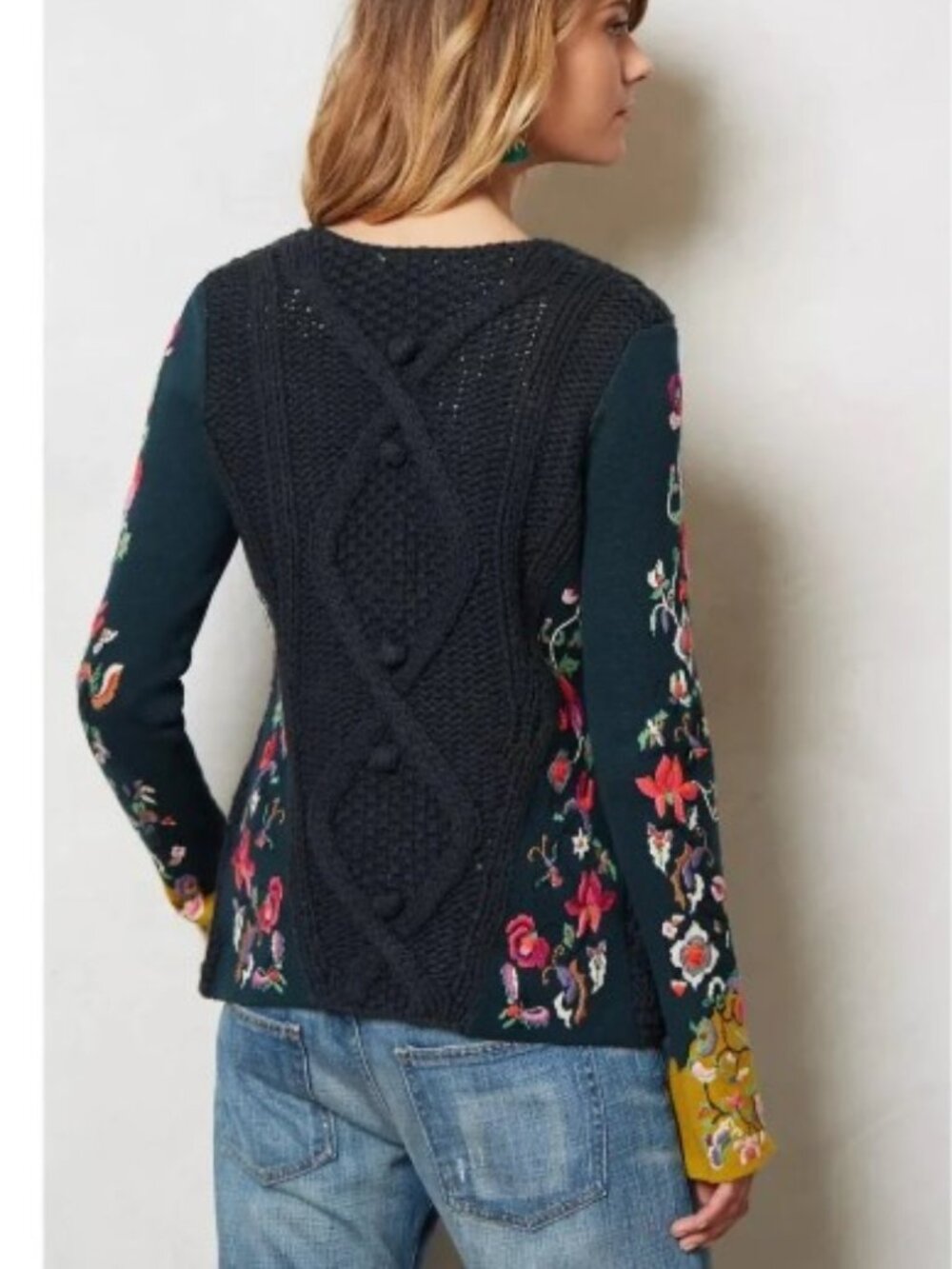 Anthropologie Sleeping On Snow Stitched Flora Embroidered Cardigan Sweater Sz L - Picture 2 of 12